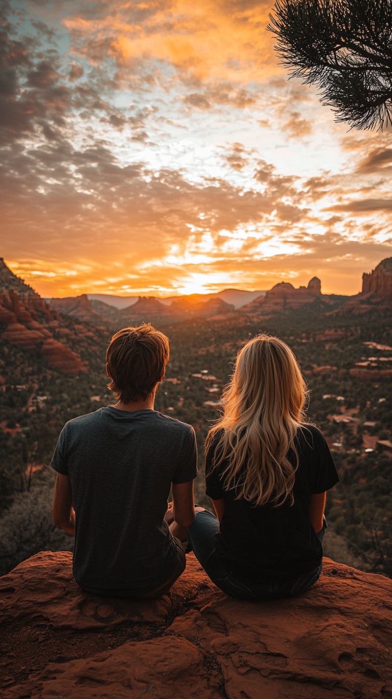 couple talking sharing dreams and aspirations watching sunset in sedona arizona
