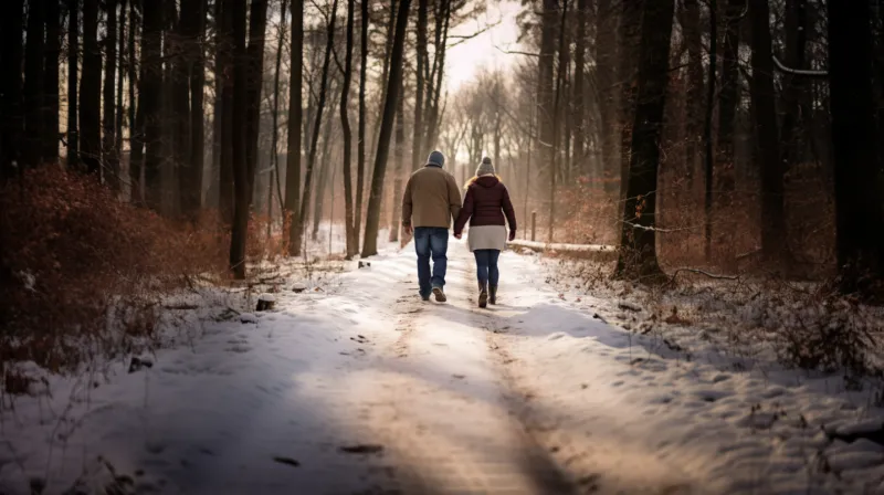 winter walk in the woods as a couple