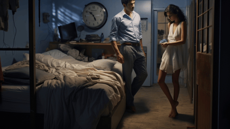 man waking his wife after coming home from night shift