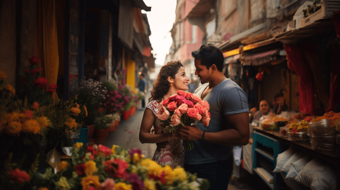 husband and wife in a market with a romantic bouquet of flowers