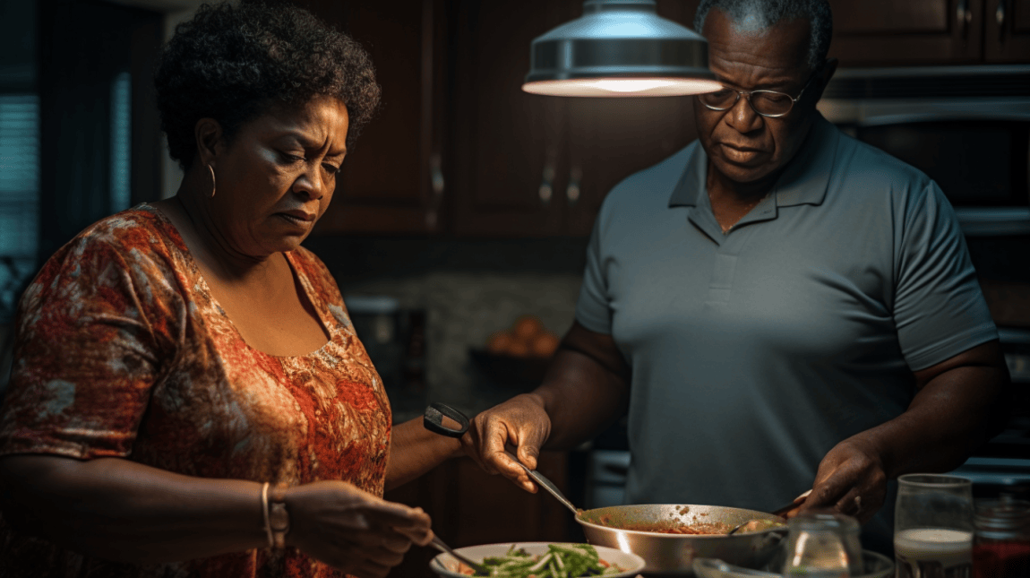 couple surviving a bad marriage by cooking food