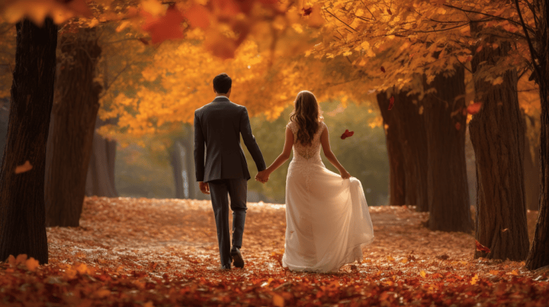 newly married couple holding hands while walking in the park after a fall wedding