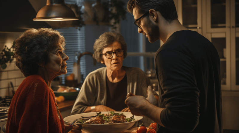 preparing dinner while being told what to do by both mothers