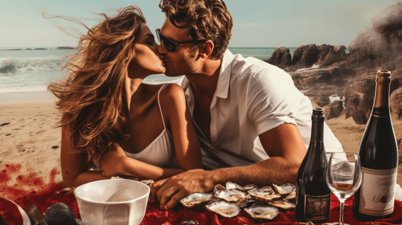 sexy woman and her male partner eating oysters