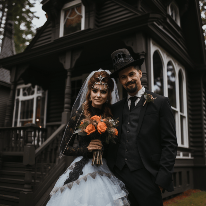 bride and groom spooky wedding haunted house