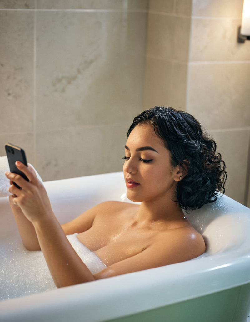 woman relaxing in a bathtub fantasy text