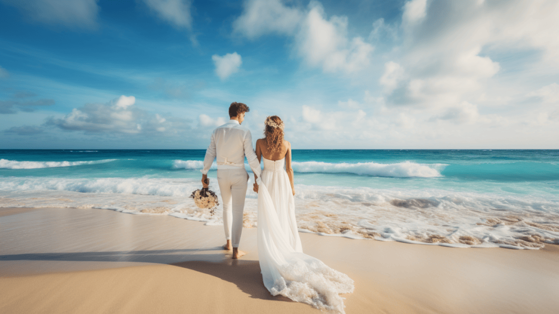 couple celebrating their vow renewal on the beach