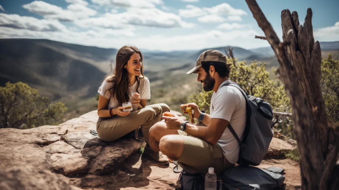 couple enjoying lunch outdoors at the top of a mountain
