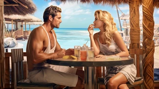 couple sitting at a beach bar enjoying drinks